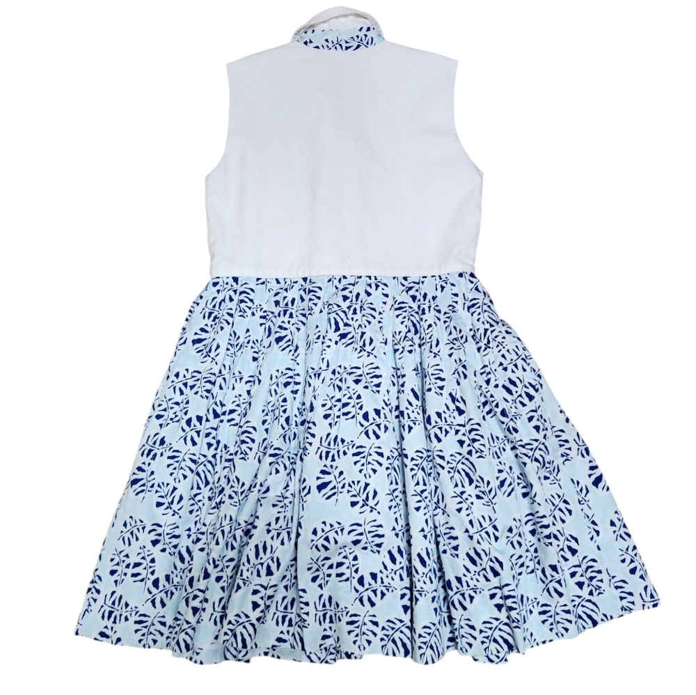 Oscar de la Renta Girls Cotton Dress Button Down Collar Blue Tropical Palm Sz 12 - Picture 5 of 8